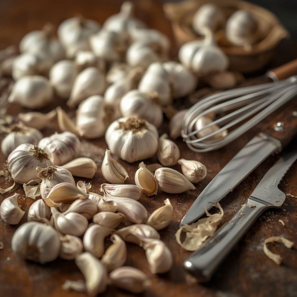 Sarımsak, mutfak tezgahında sunum