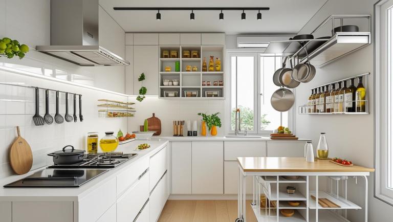 Küçük mutfak ada raf ile düzenlenmiş