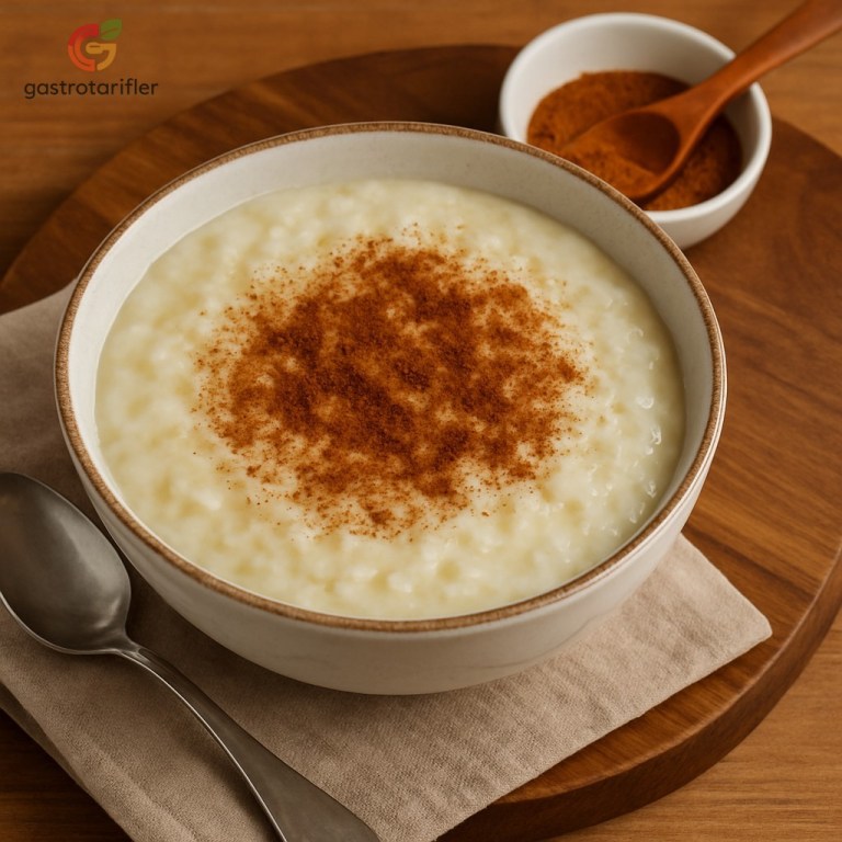 sütlaç, porselen kasede üzeri tarçın ile süslenmiş sunum