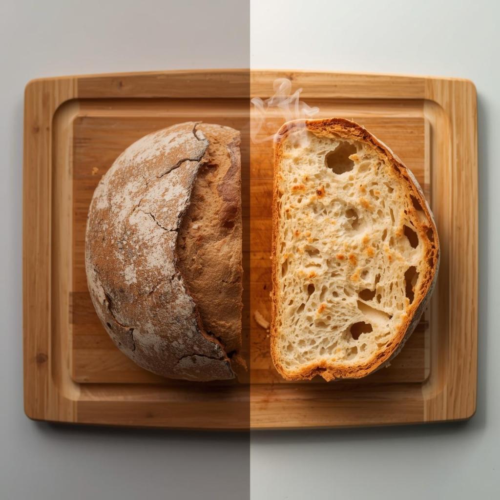 bayat ekmek ve taze ekmek yanyana dilimlenmiş kesme tahtası üzerinde