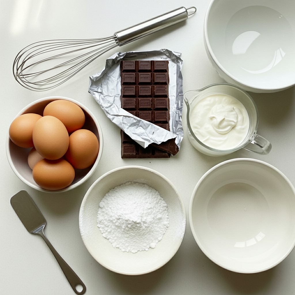 Çikolatalı mousse malzemeleri, çikolata, yumurta, pudra şekeri, krema