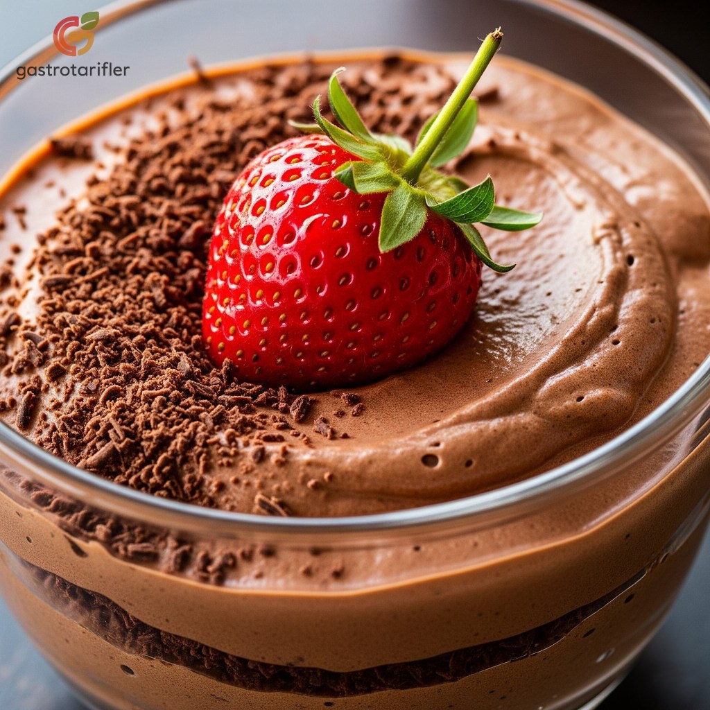 Çikolatalı mousse üzerinde çilek süslemeli sunumu