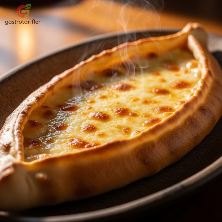 Kaşarlı Pide servis tabağında üstünde dumanıyla servis ediliyor.