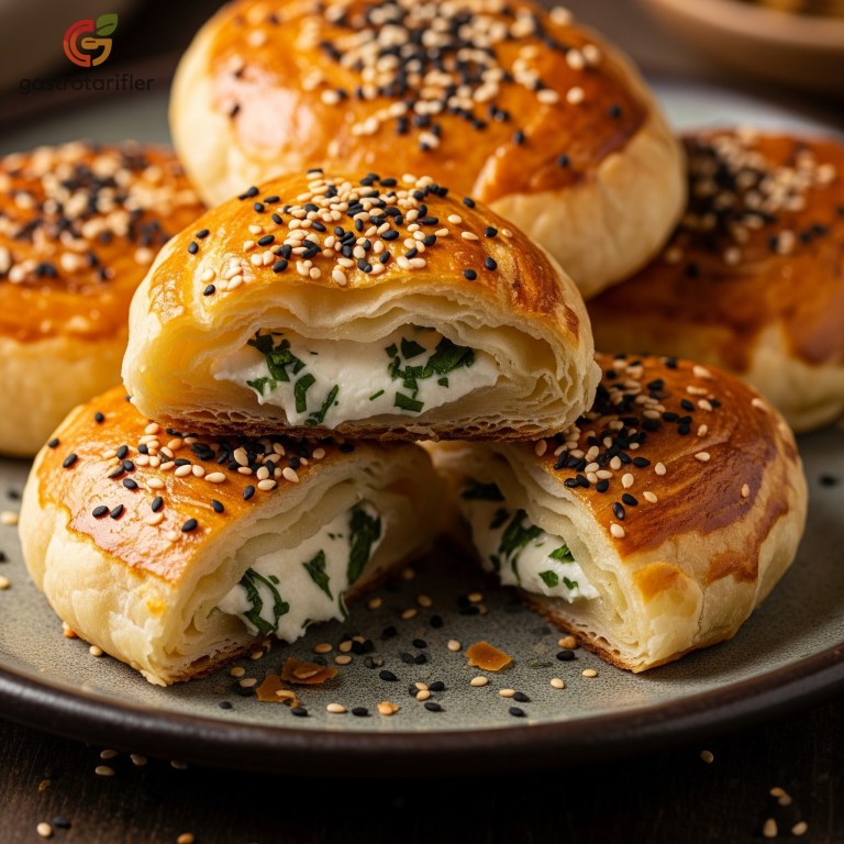 Katmer Poğaça, üzeri susam ve çörek otu ile süslenmiş, tabakta sunum