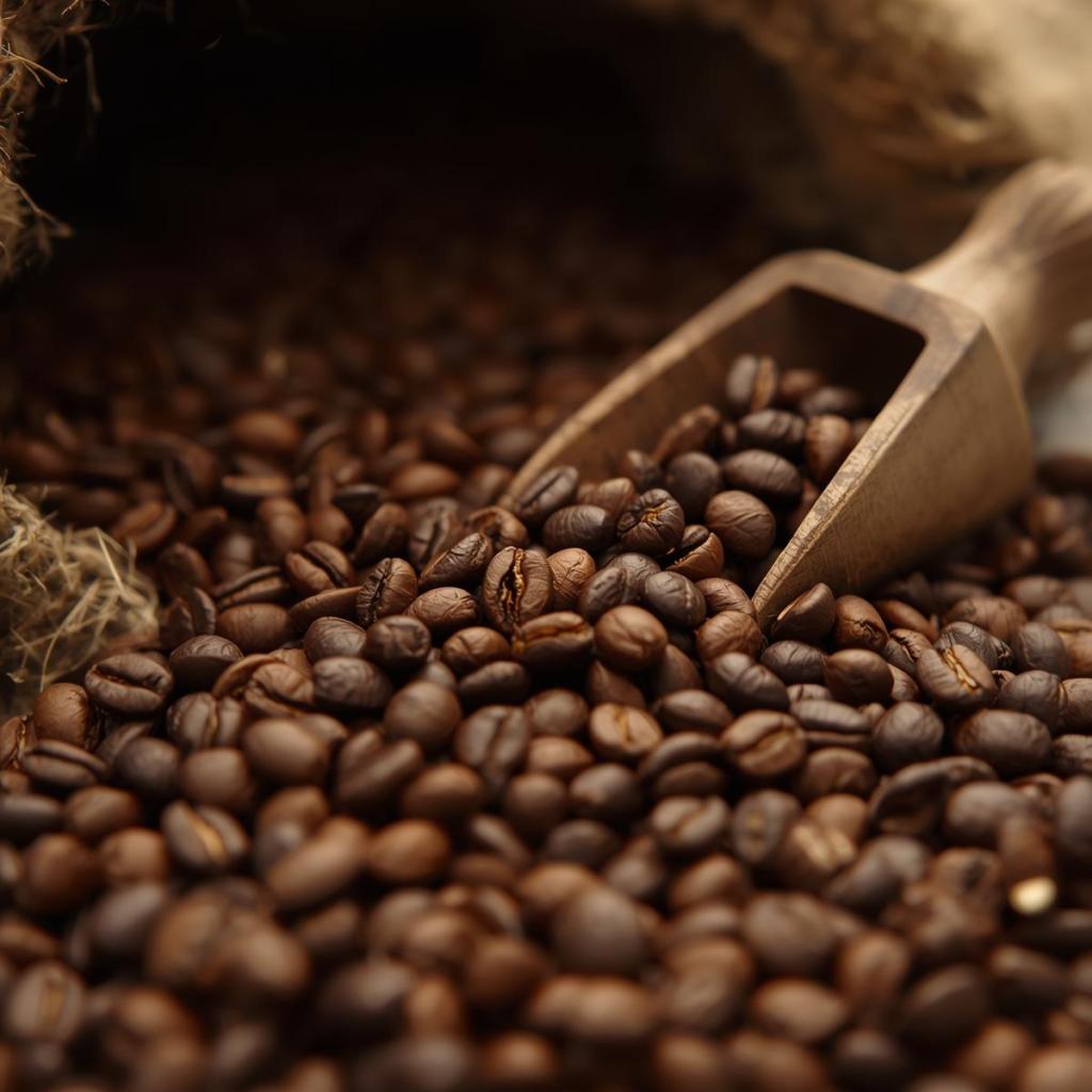 Kopi Luwak Kahve çekirdeği, ahşap bir kaşıkla birlikte sunum