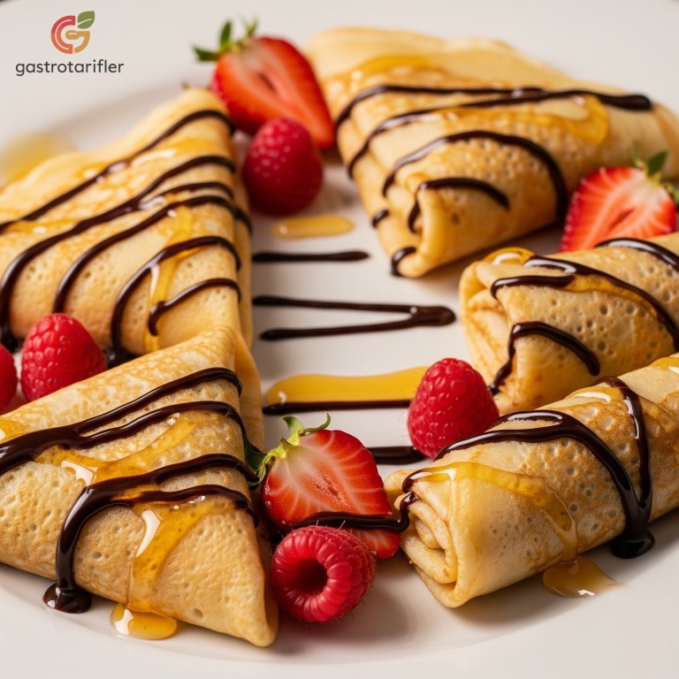 Krep, üzeri çikolata sosu ve dilimlenmiş çileklerle süslenmiş tabakta sunumu