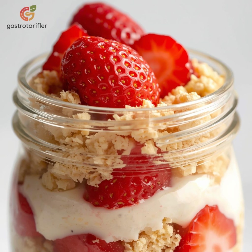 Magnolia şeffaf kavanozda üzeri çilek ile süslenmiş sunum