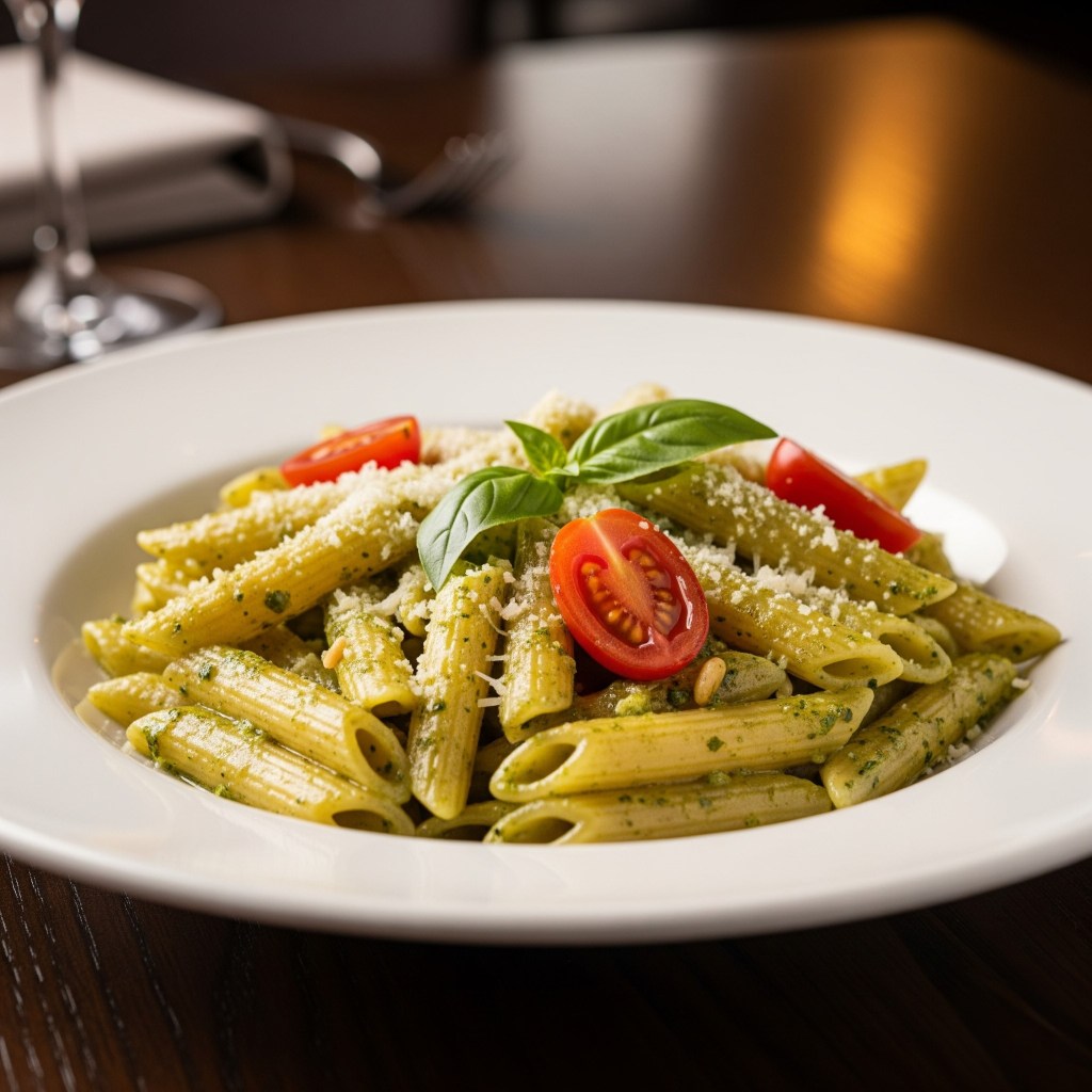 Penne Pesto servis tabağında üzeri süslenmiş sunum