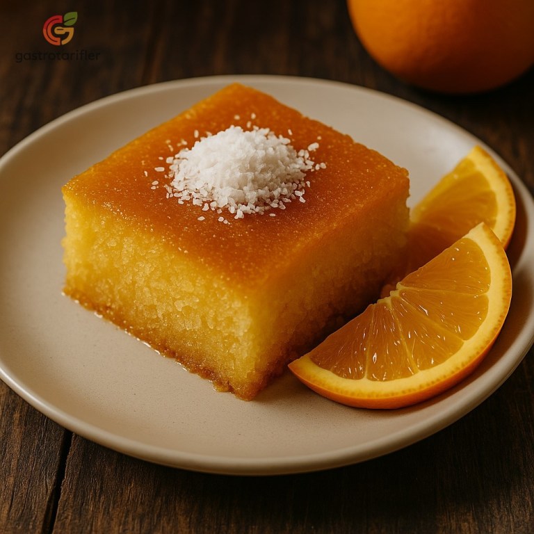 Portakallı Revani SERVİS TABAĞINDA PORTAKAL DİLİMLERİYLE BİRLİKTE SUNUM