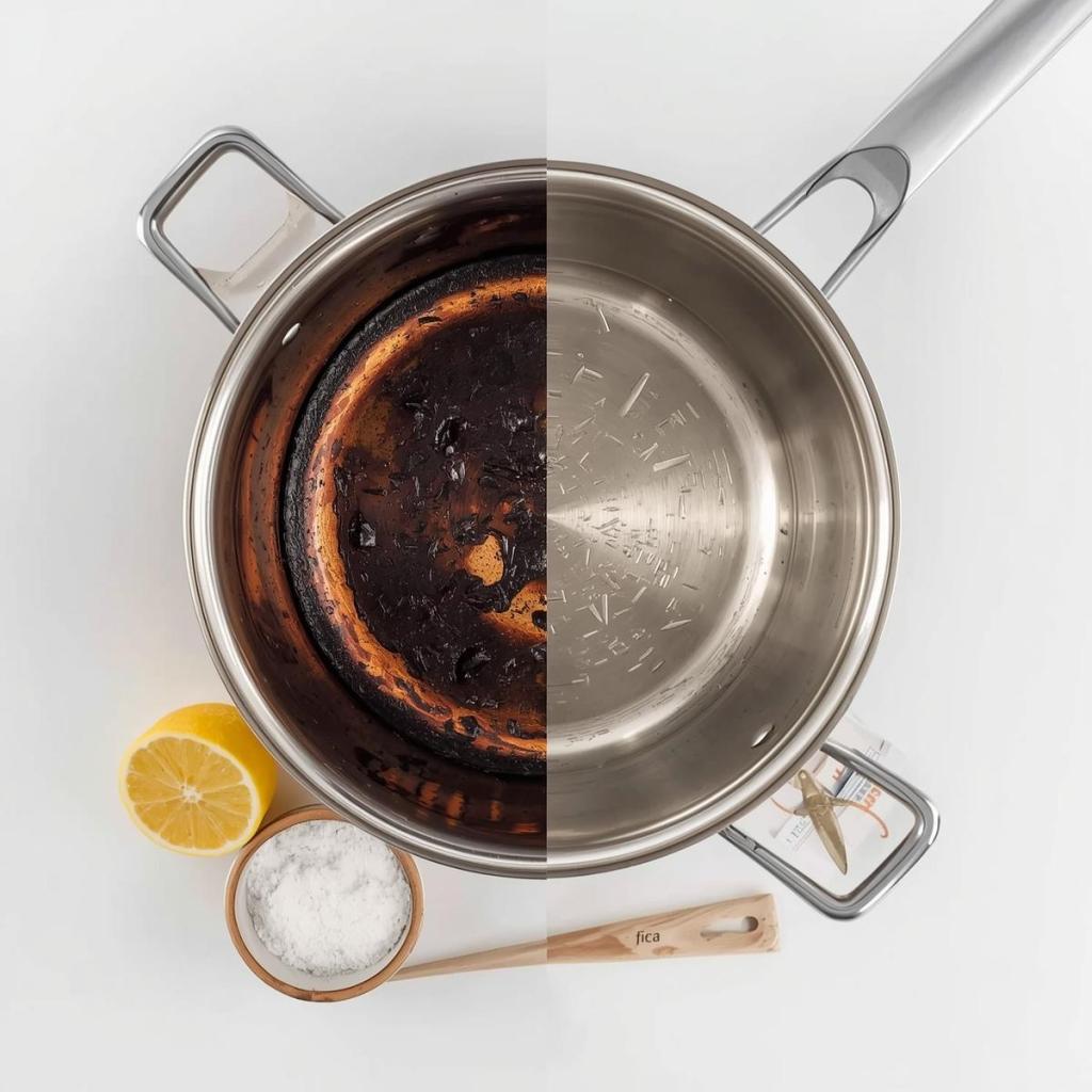 dibi yanmış tencere, yanında limon ve karbonat