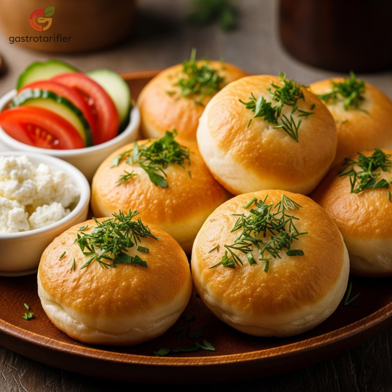 Fit Pişi servis tabağında üzeri dereotu ile süslenmiş, peynir ve domates ile birlikte sunum