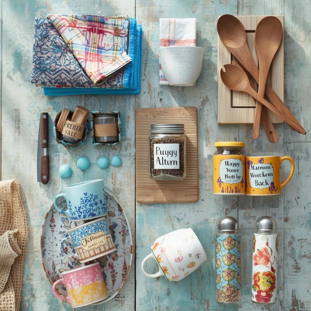 bambu ahşap kaşık seti, masa örtüsü, cam kavanoz, kupa, tuzluk, dijital ölçü, havlu