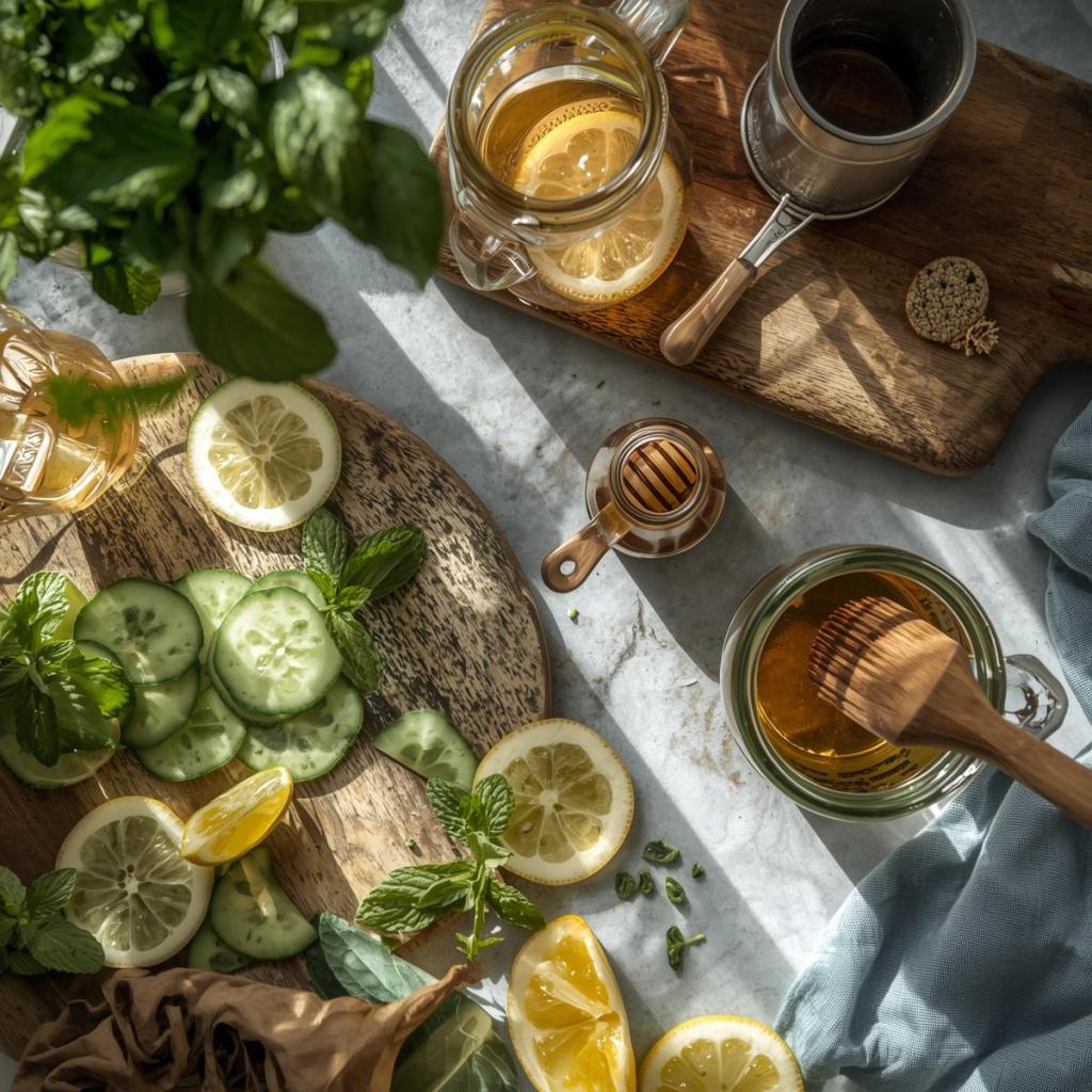 Detoks Suyu malzemeler, salatalık, limon, nane, su, bal