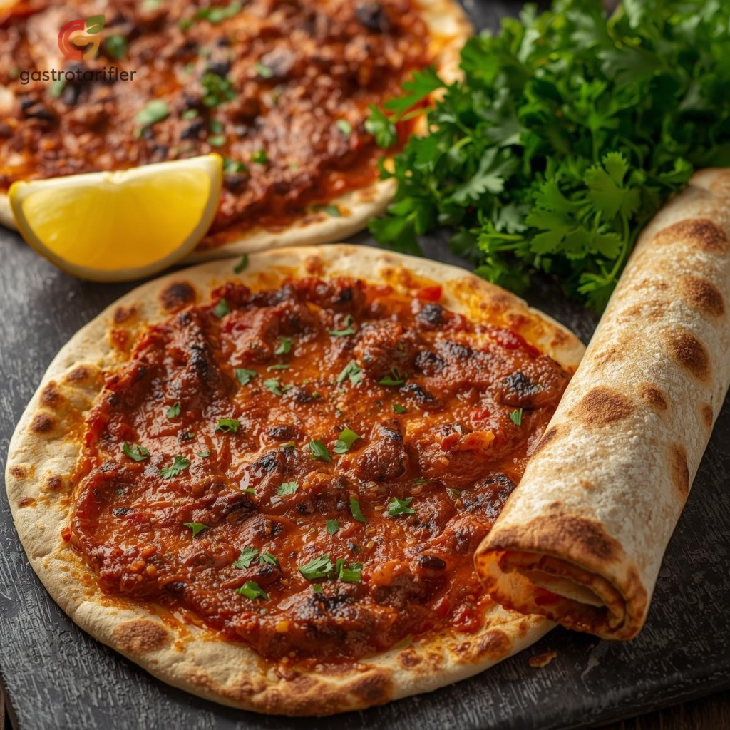Ev Yapımı Lahmacun yanında limon ve maydanoz ile servis ediliyor.