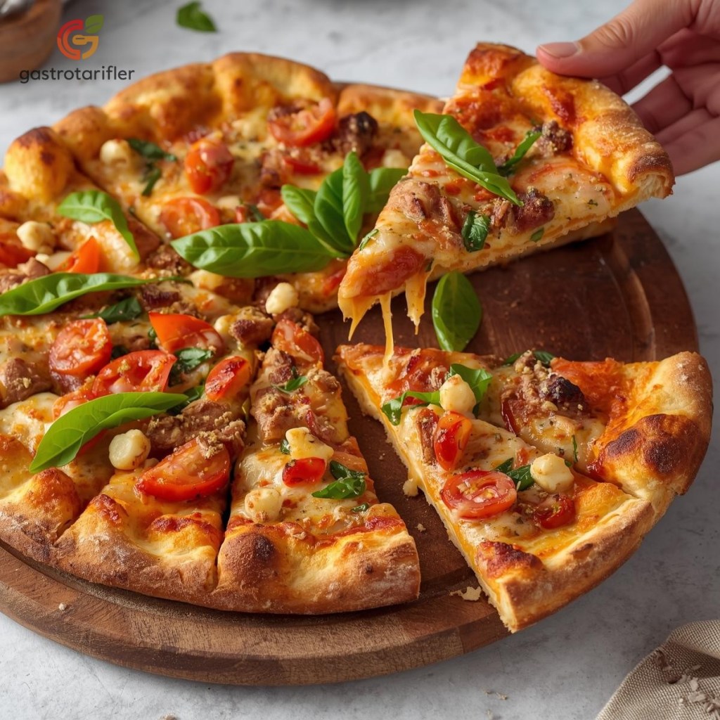 Glutensiz Pizza Tabanı ahşap bir sunum tabağında üçgen dilimlerle servis ediliyor