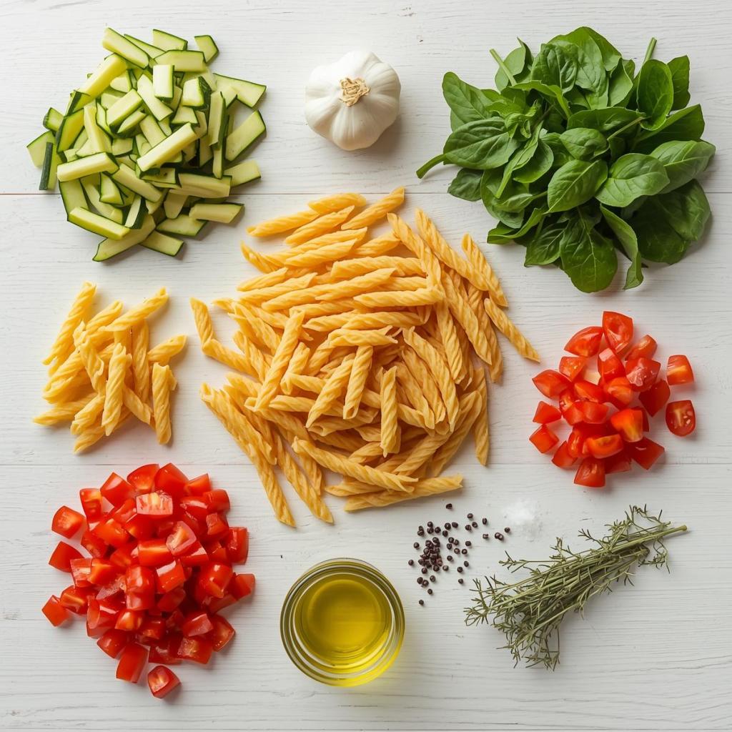 Glutensiz Sebzeli Makarna Malzemeleri, makarna, kabak, biber, domates, ıspanak