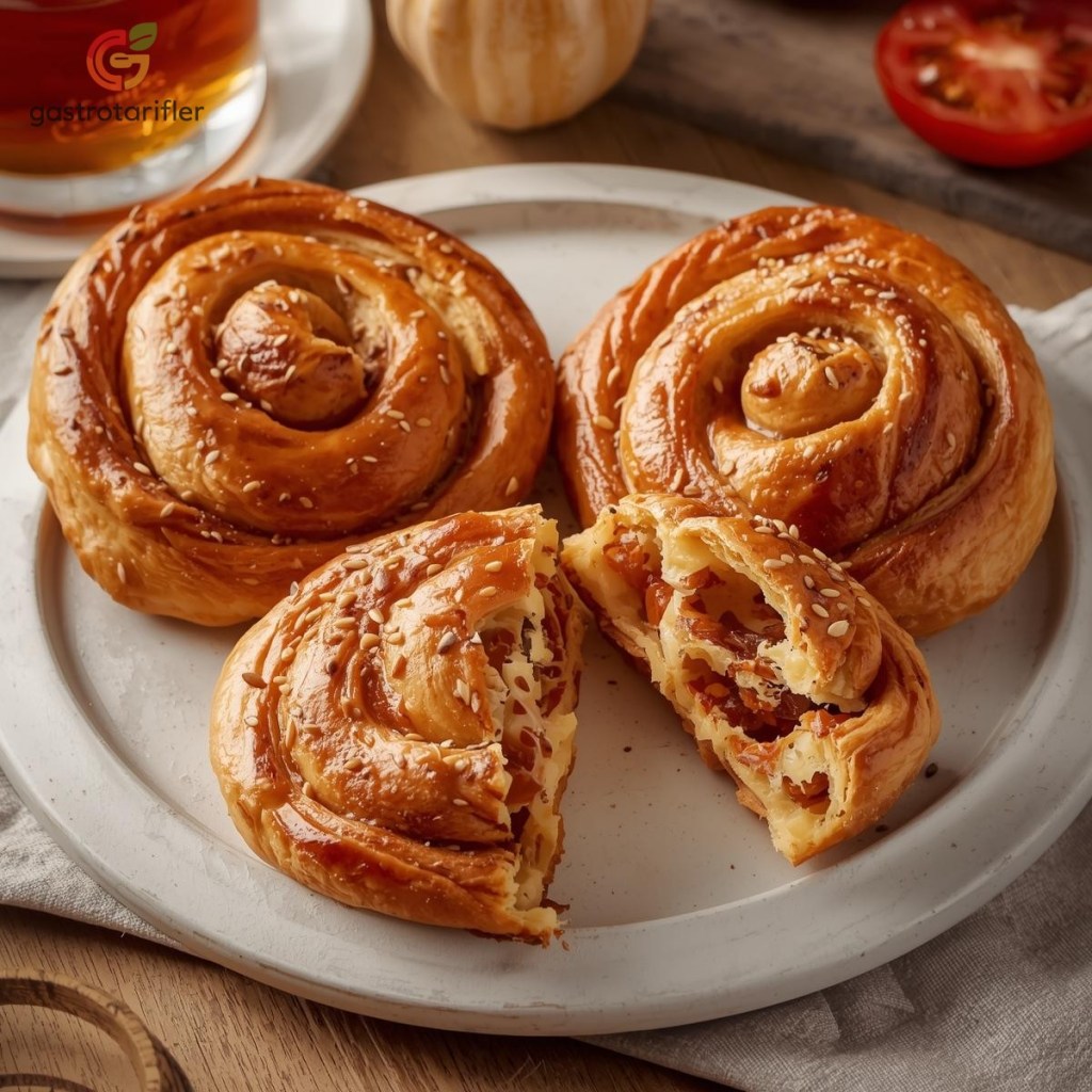 Gül Böreği Tarifi servis tabağında ortadan ikiye kesilmiş sunum