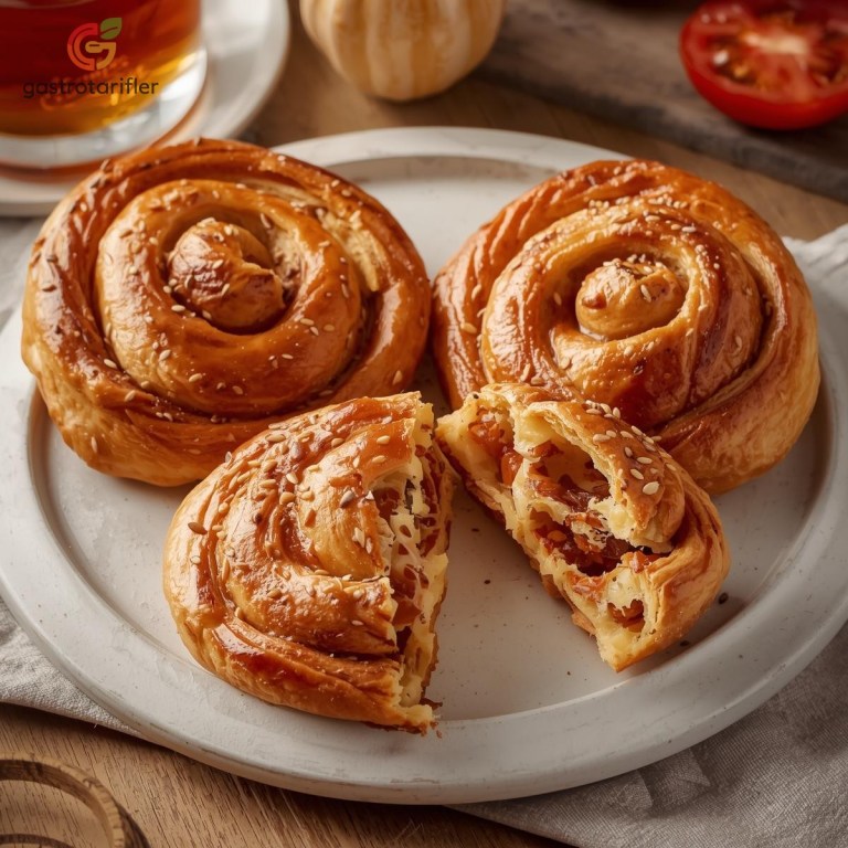 Gül Böreği Tarifi servis tabağında ortadan ikiye kesilmiş sunum