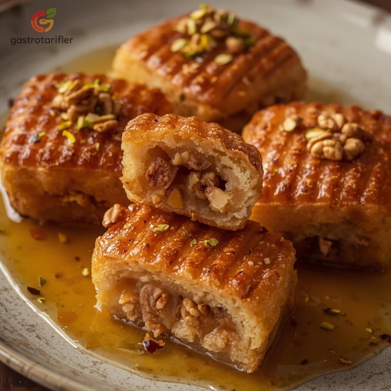 Kalburabastı üzeri cevizle süslenmiş servis tabağında sunum