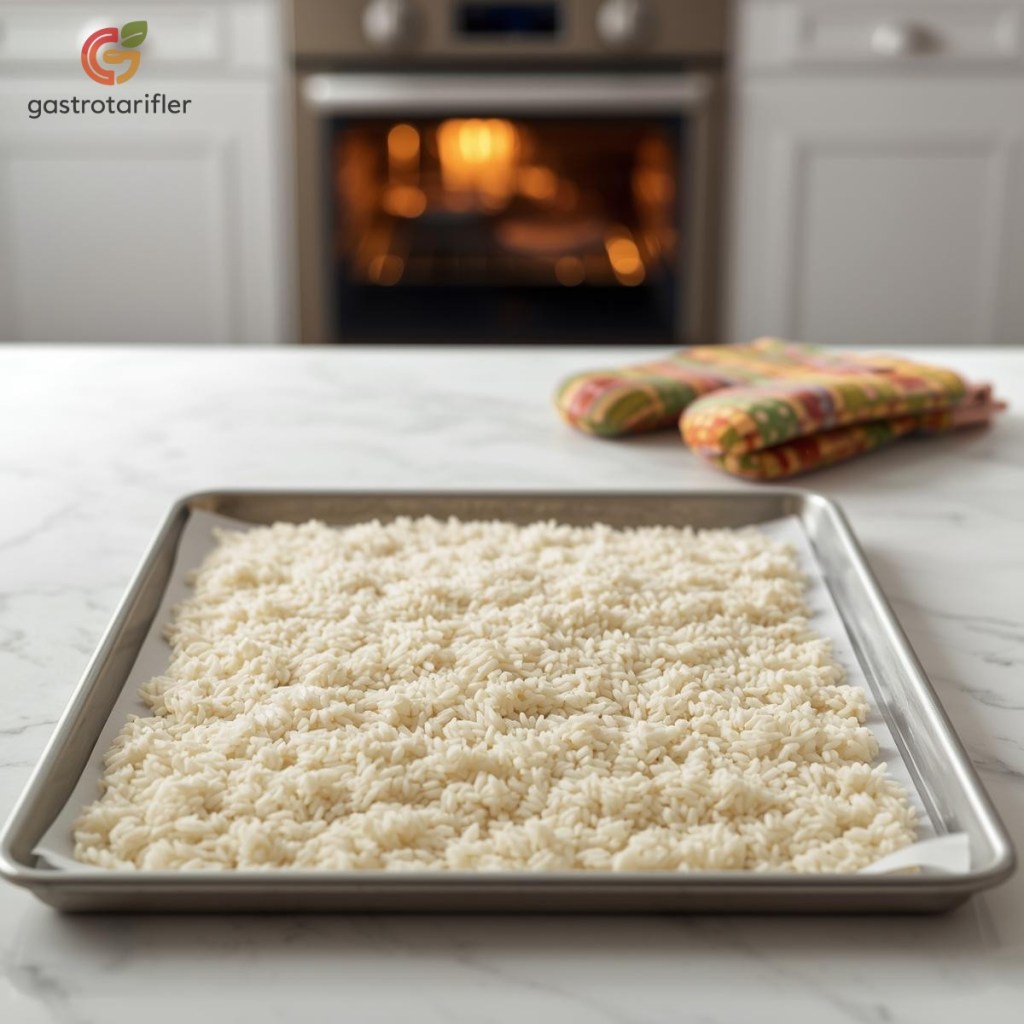 Lapa Olan Pilav kurtarma pirinçler fırın tepsisinde yerleştirilmiş