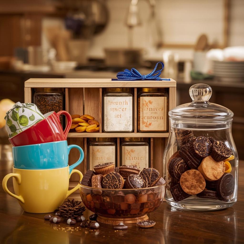 baharat seti, renkli kahve fincanı, çikolata kavanozu, kurabiye kutusu