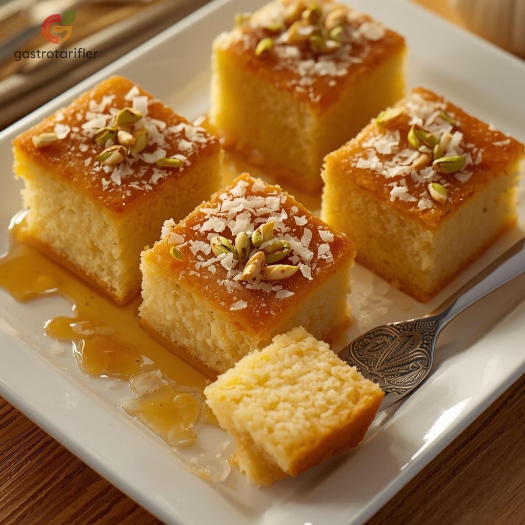 Revani üzeri hindistan cevizi ve fıstık ile süslenmiş, servis tabağında sunum