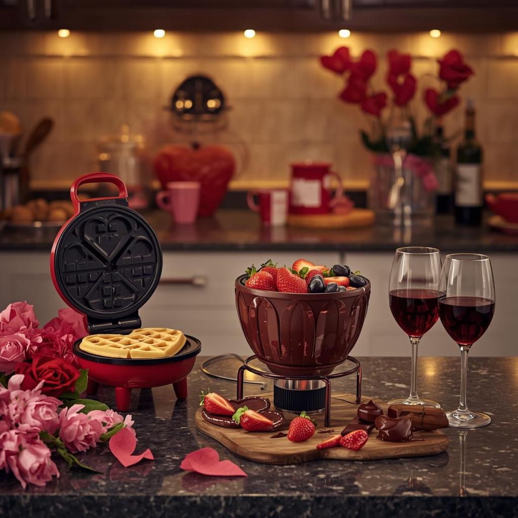 kalp şeklinde waffle makinesi, şarap kadehi, fondü seti, şef bıçağı