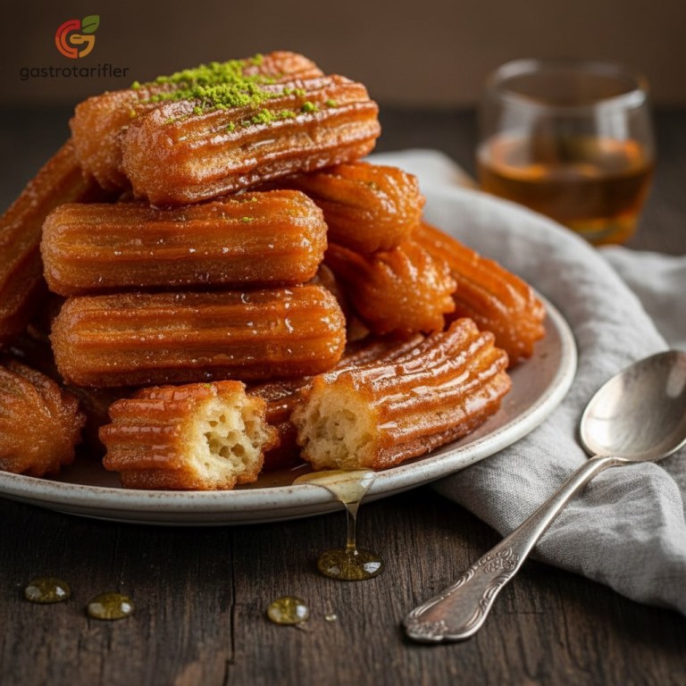 Tulumba Tatlısı servis tabağında üzeri fıstıklarla süslenerek servis ediliyor.