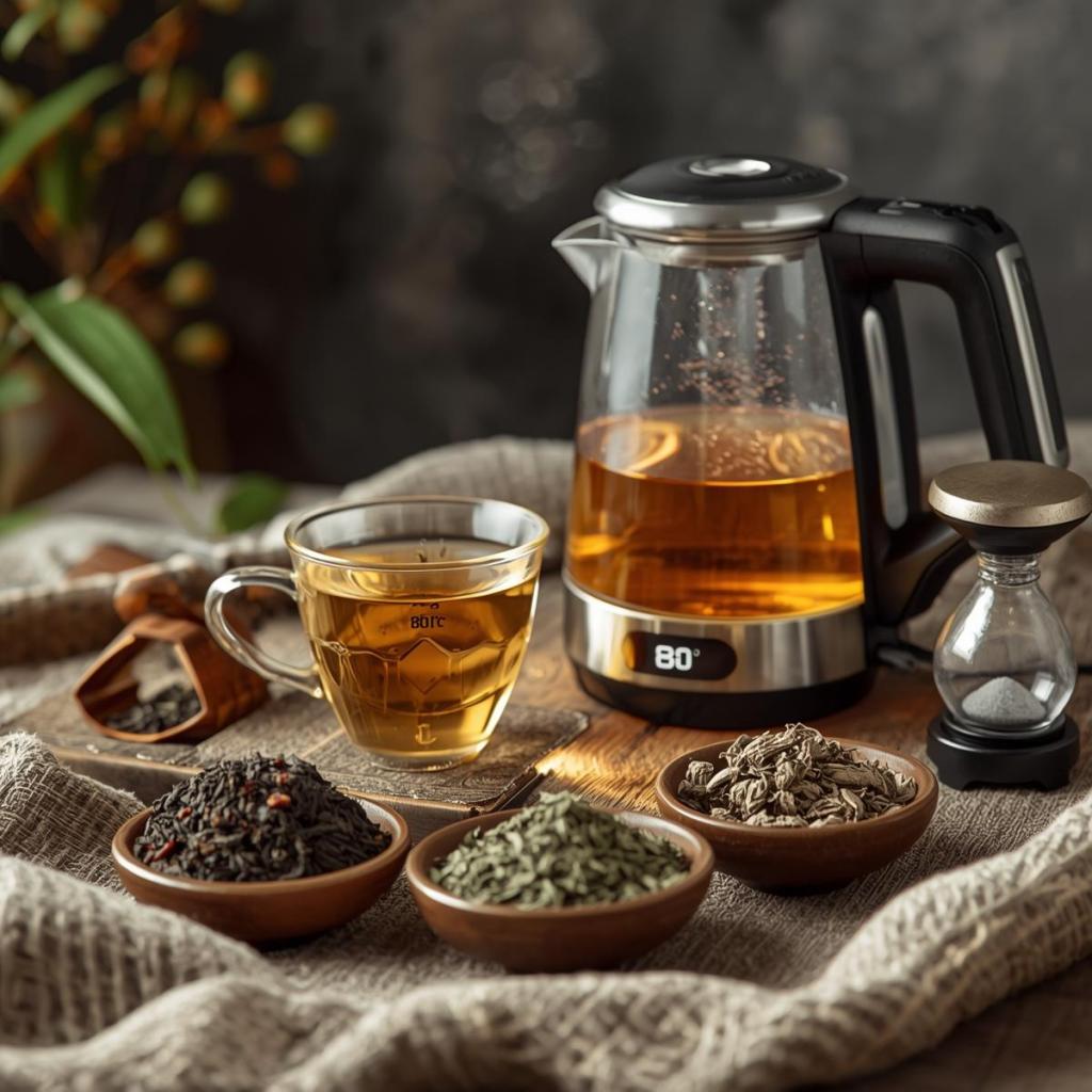 kettle ve yanında fincanlarda bitki çayları