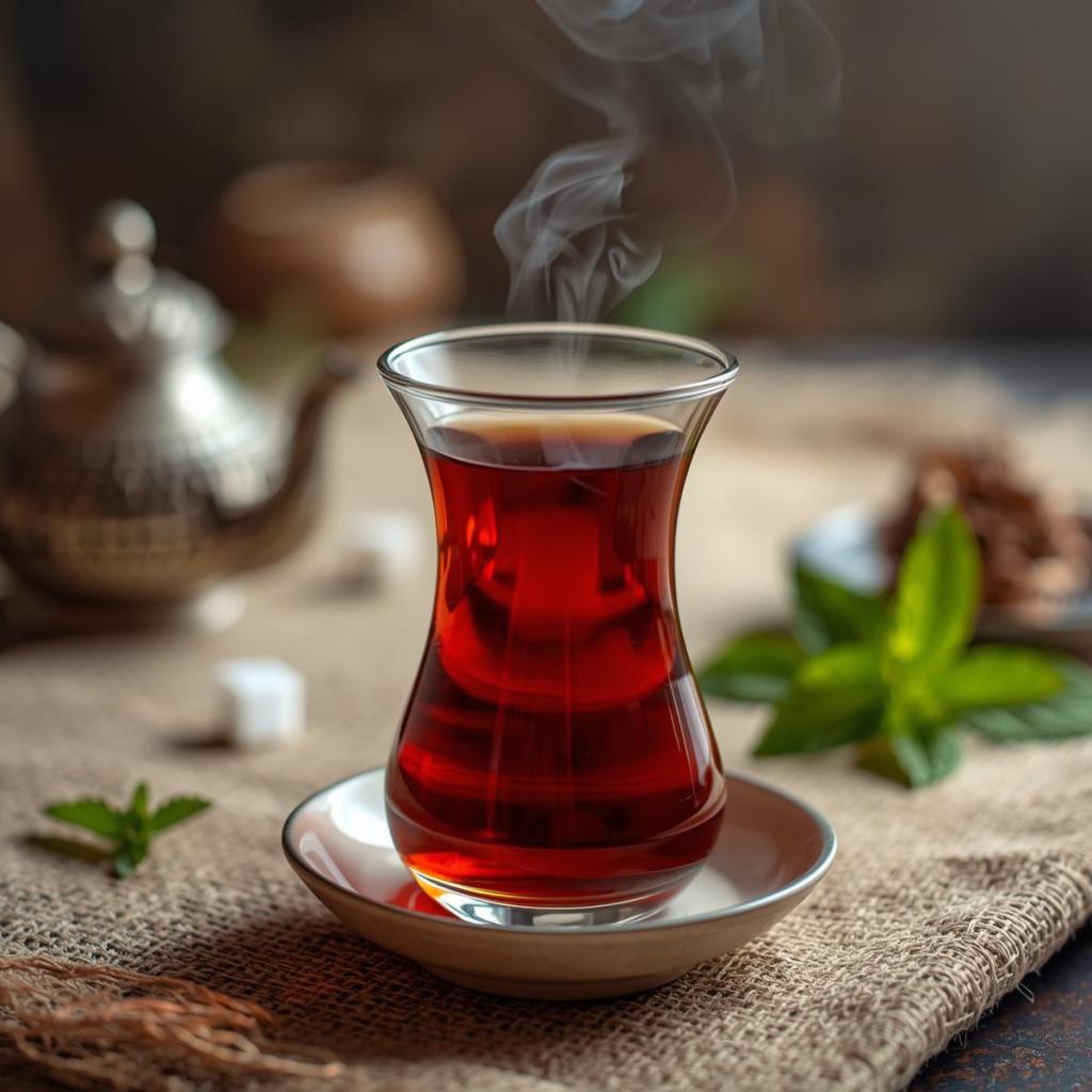 Çay bardağında dumanı üstünde demlenmiş çay