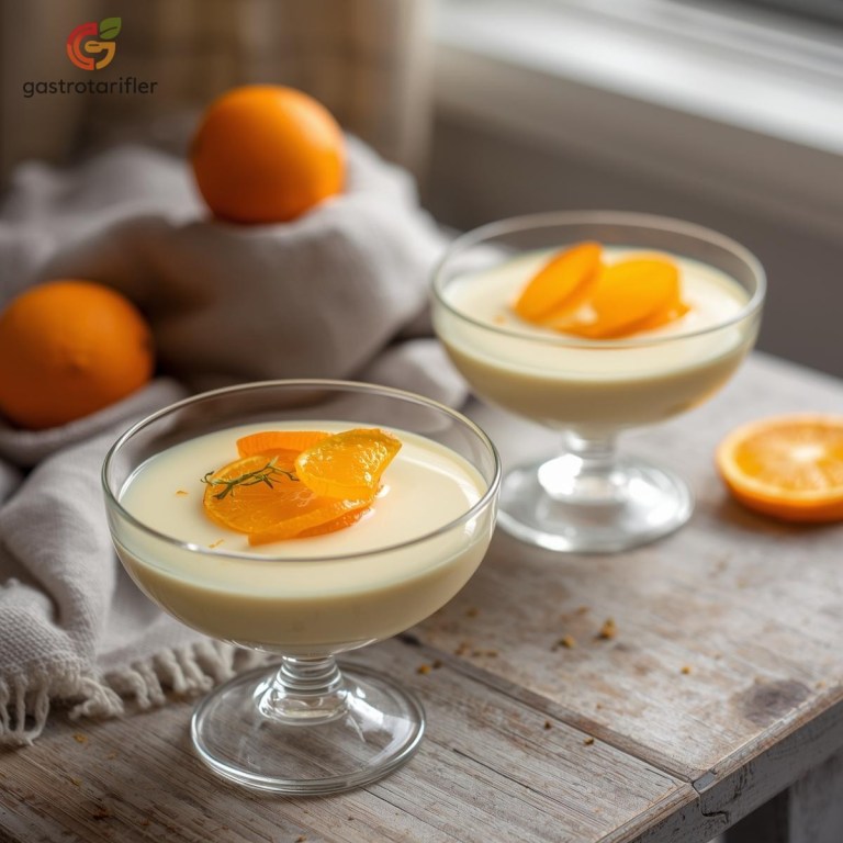 Portakallı muhallebi tarifi cam kasede portakal dilimleriyle sunumu