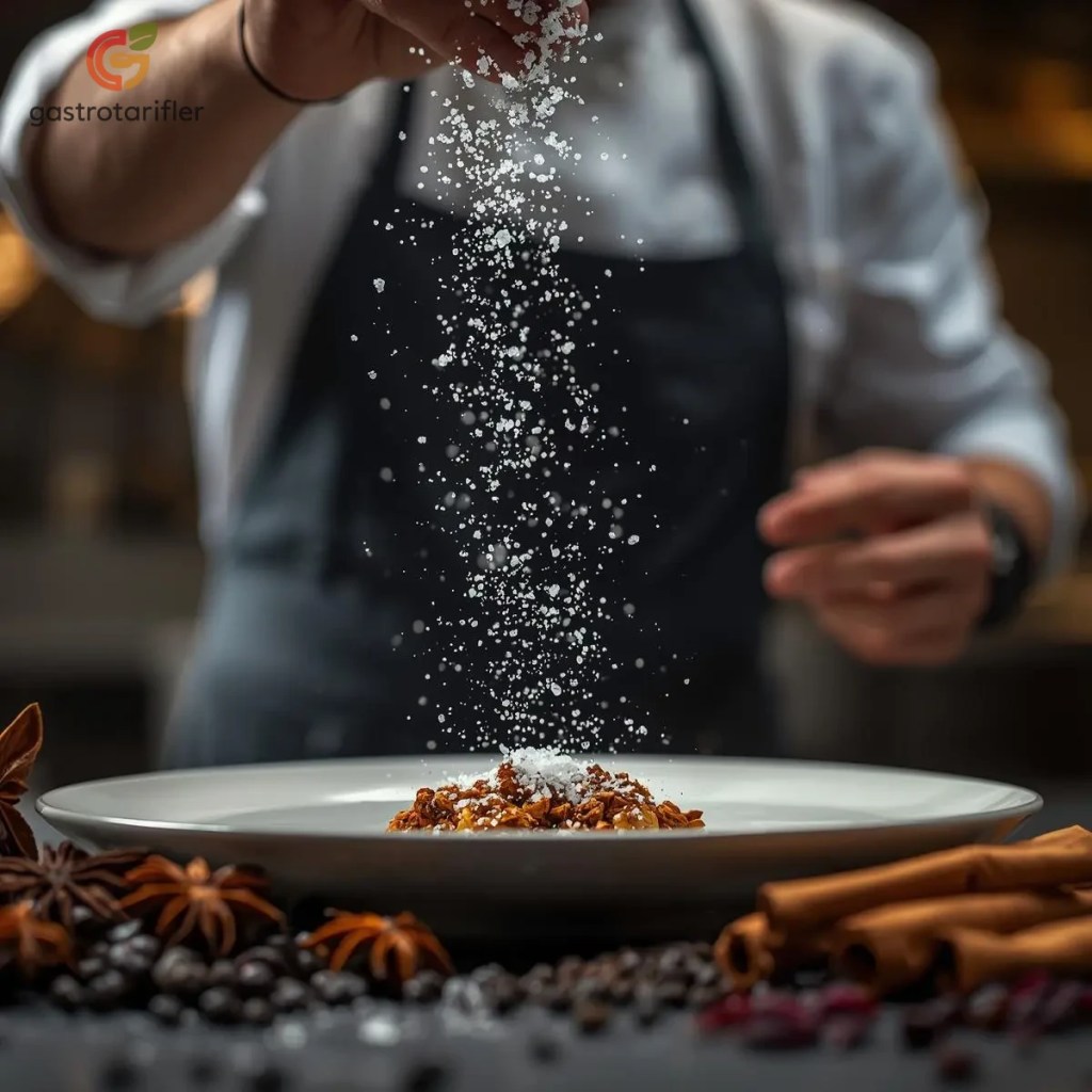 Bir şefin elinden akan tuz taneleri veya tavada kavrulan renkli tane baharatlar