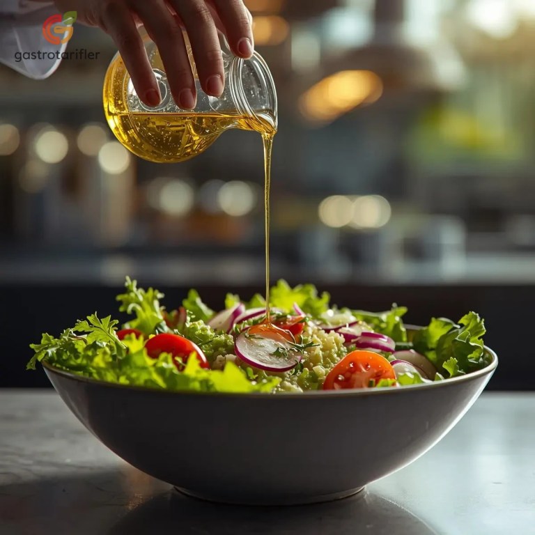 Restoran usulü salata sosu hazırlayan şefin zeytinyağı dökme anı.